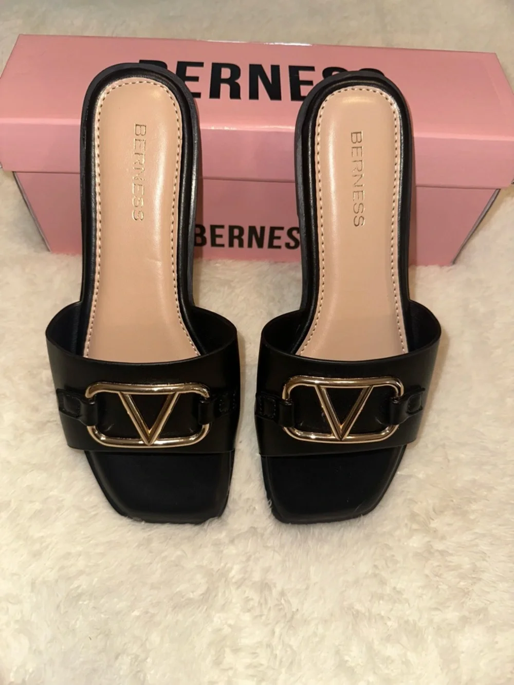 NWT Black Slide Sandals with Gold Accent - Picture 2 of 6